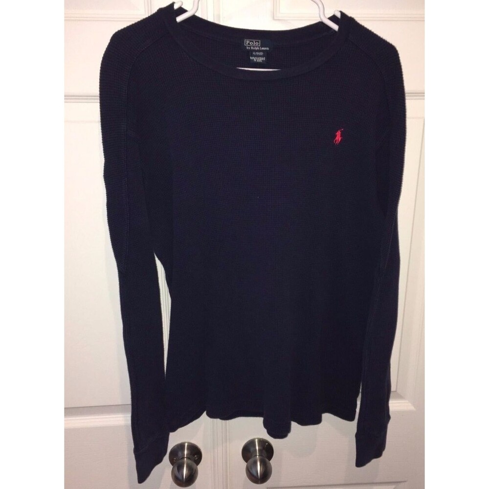 POLO RALPH LAUREN BOYS XL 18-20 NAVY BLUE LONG SLEEVE SHIRT THERMAL Waffle VTG